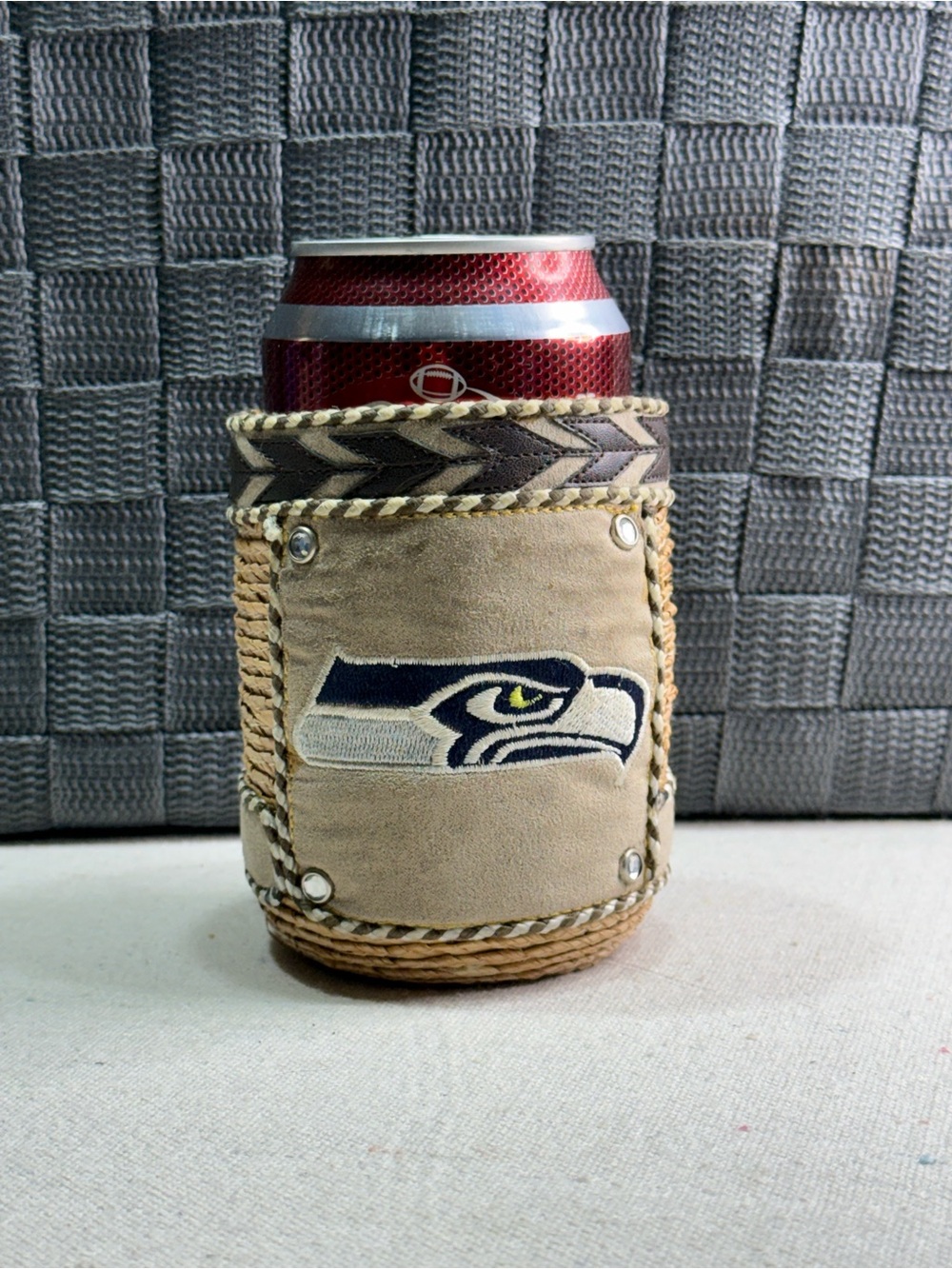 Mexican woven straw and leather can cozy “Puerto Vallarta & “Seattle Seahawks”